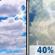 Today: A slight chance of showers and thunderstorms between 1pm and 2pm, then a chance of showers and thunderstorms between 2pm and 4pm, then a chance of showers and thunderstorms. Mostly cloudy. High near 77, with temperatures falling to around 73 in the afternoon. South wind around 7 mph. Chance of precipitation is 40%. New rainfall amounts less than a tenth of an inch possible. Today: Mostly Cloudy then Slight Chance Showers And Thunderstorms
